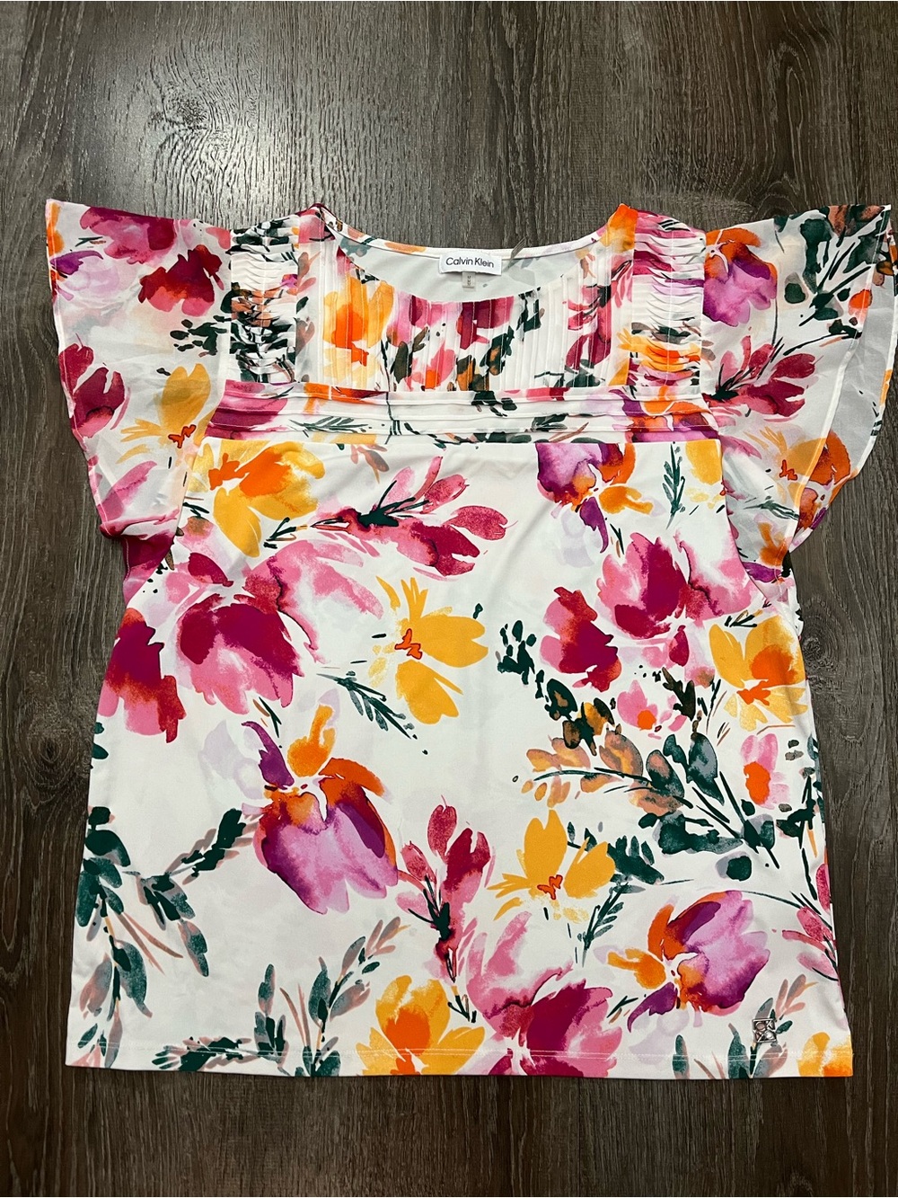 Calvin Klein White Floral Flutter-Sleeve Blouse with Pink & Yellow Blooms